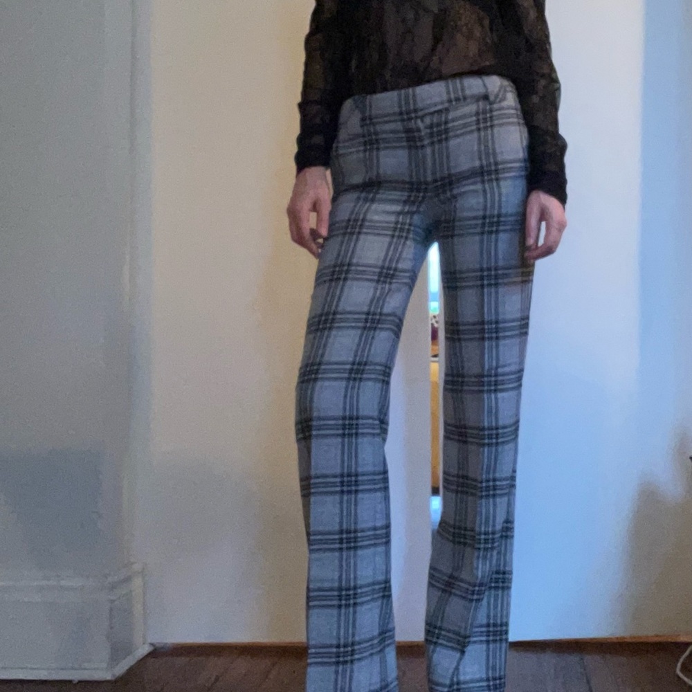 Mango Plaid Wool-Cotton Pants – Size 4, grey, Mid-Rise, Straight Leg